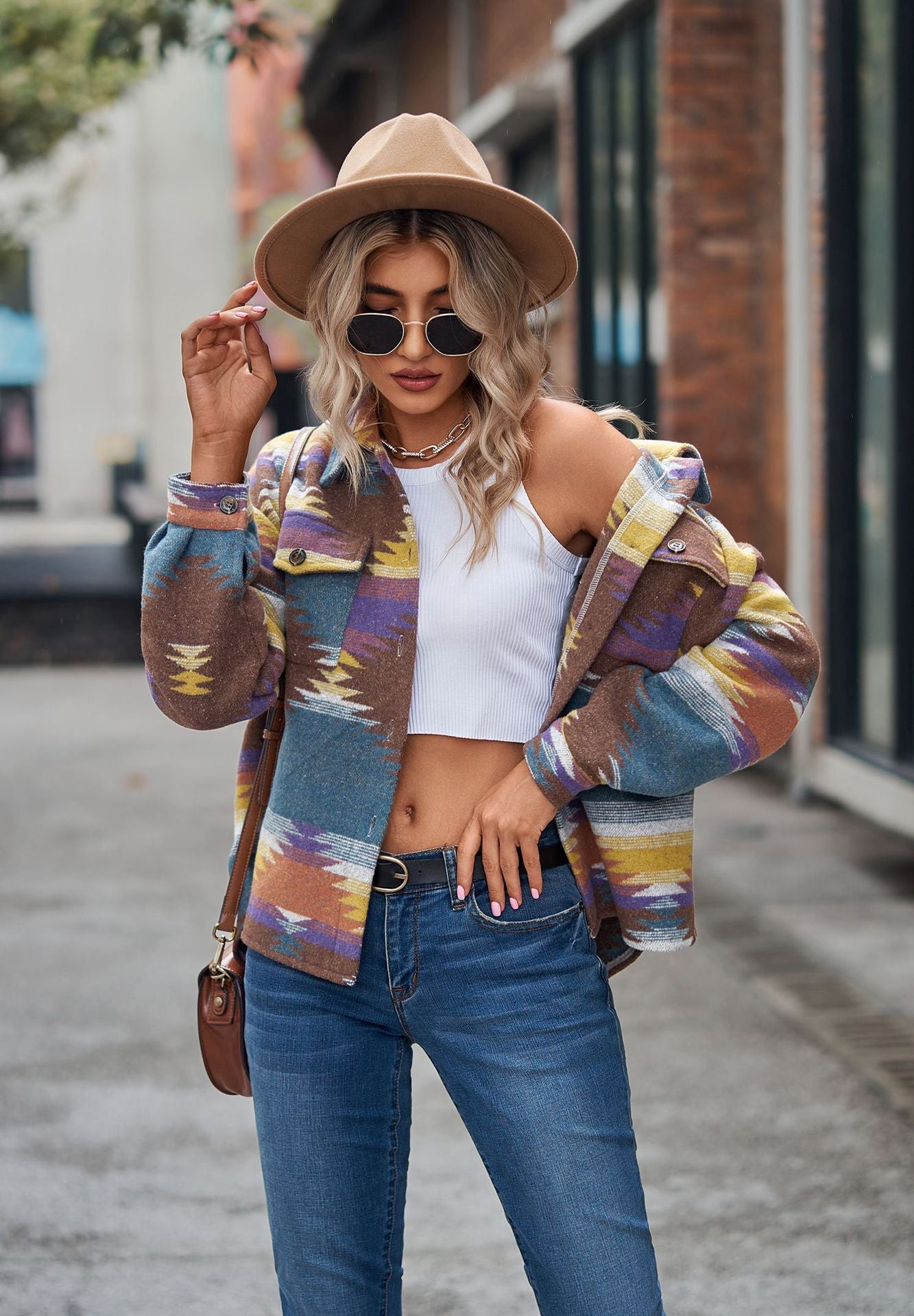 Casual Aztec Print Button Down Woolen Long Sleeve Jacket Coat