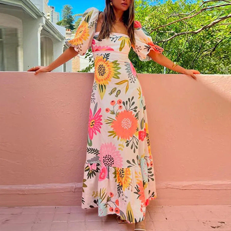 Women's Fashion Lantern Sleeve Print A-shaped Dress