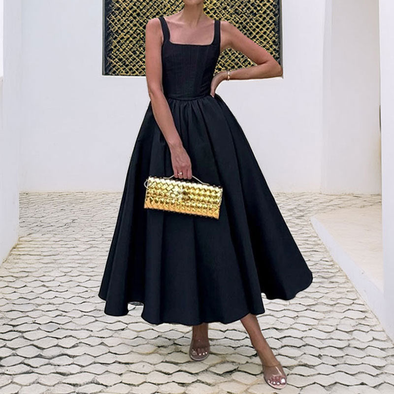 Elegant Slim-fitting Square-neck Splicing A-word Dress
