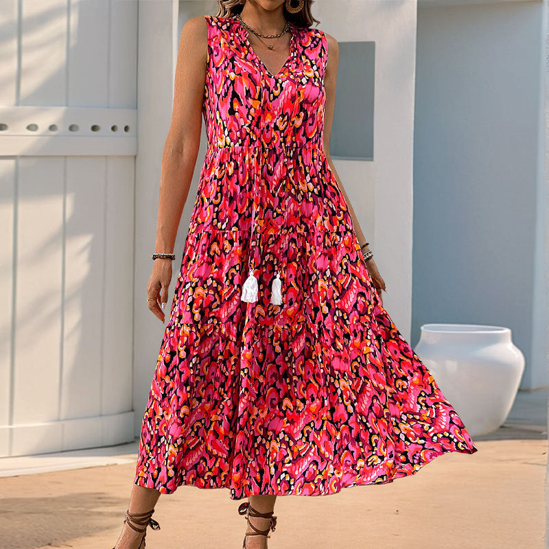 Sleeveless V-neck Fringed Print Dress for Women
