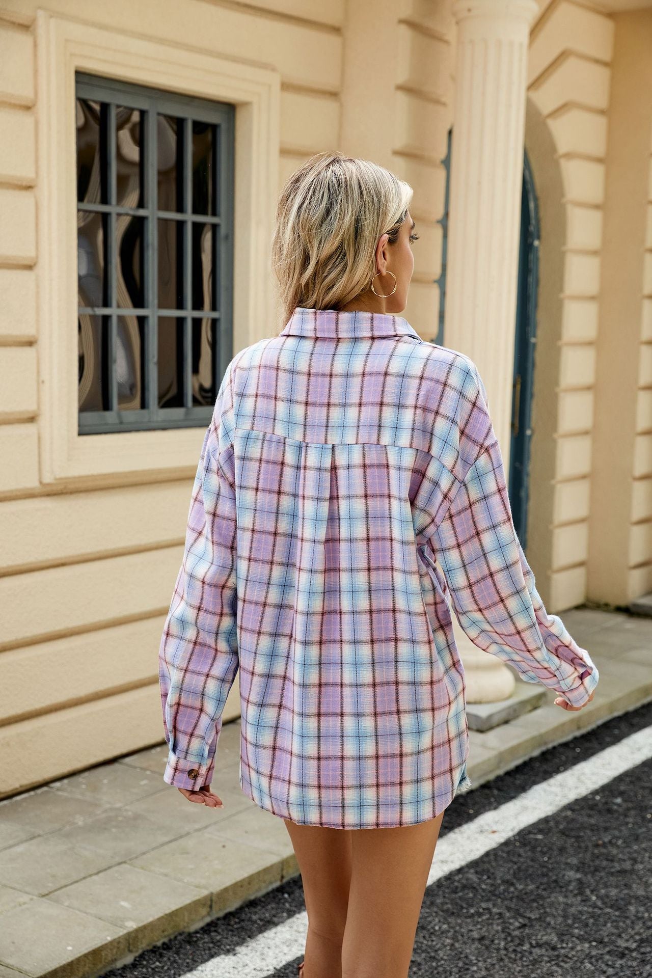 Lapel Long Sleeve Pocket Button Plaid Shirt Top Women