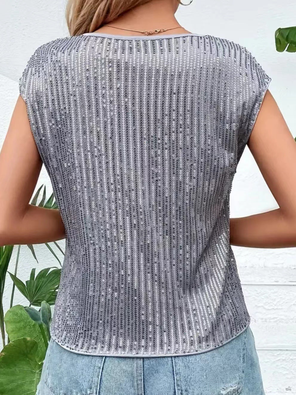 Casual Fashion Party Crew Neck Sleeveless Top Women's Sequins T-Shirt