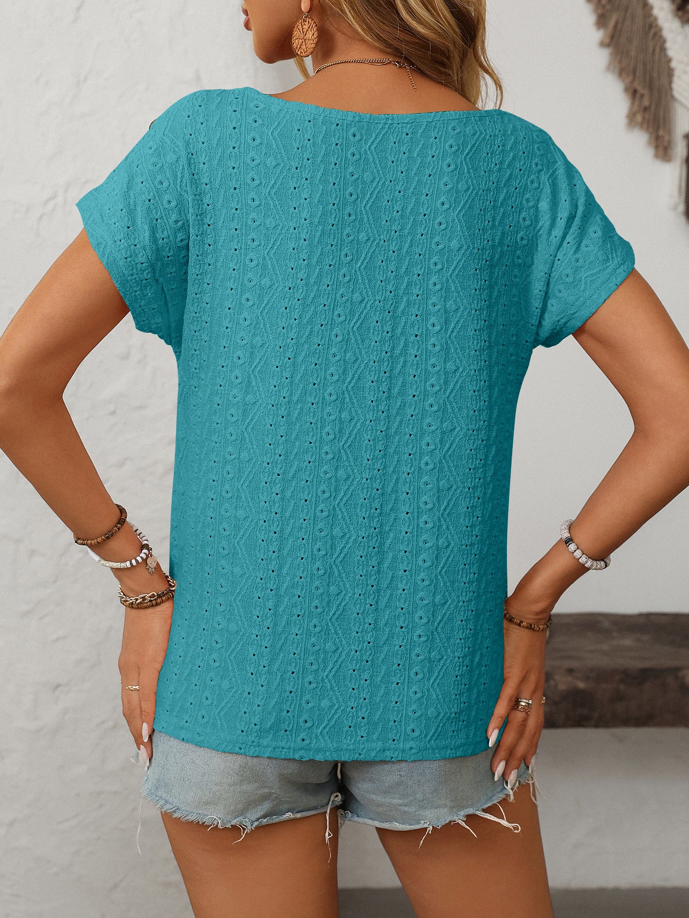 Women's Solid Color Crew Neck Button Short Sleeve T-Shirt Top