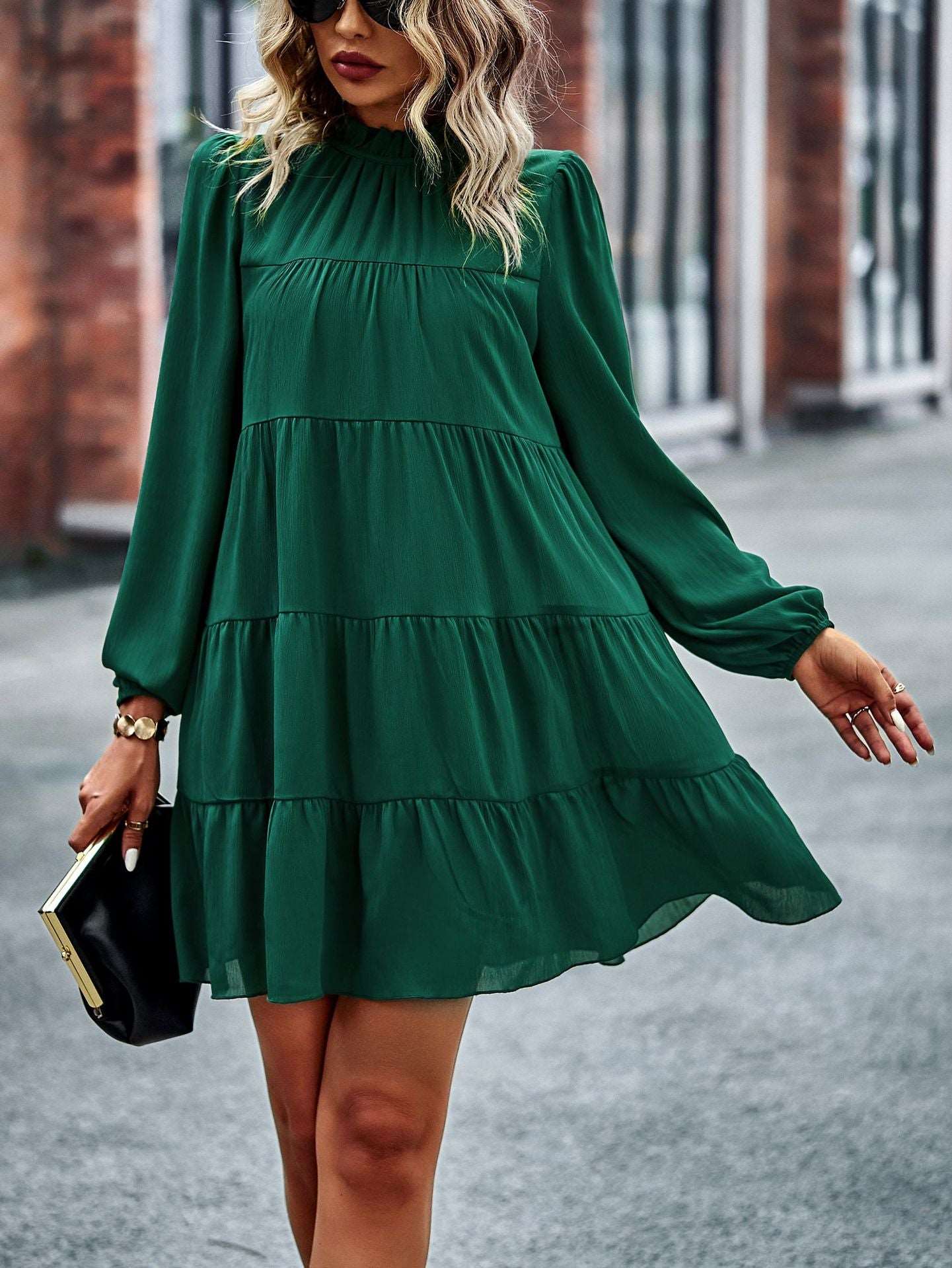 Womens Dress Long Lantern Sleeve Square Neck Tie Backless Sexy Dress Ruffle Elastic Waist A-Line Mini Dress