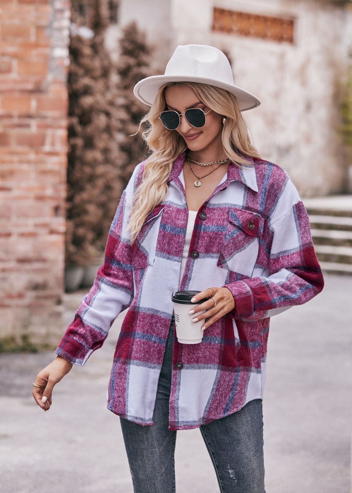 Women's Fall and Winter New Cross-border Women's Plaid Jacket Casual Loose Pocket Shirt