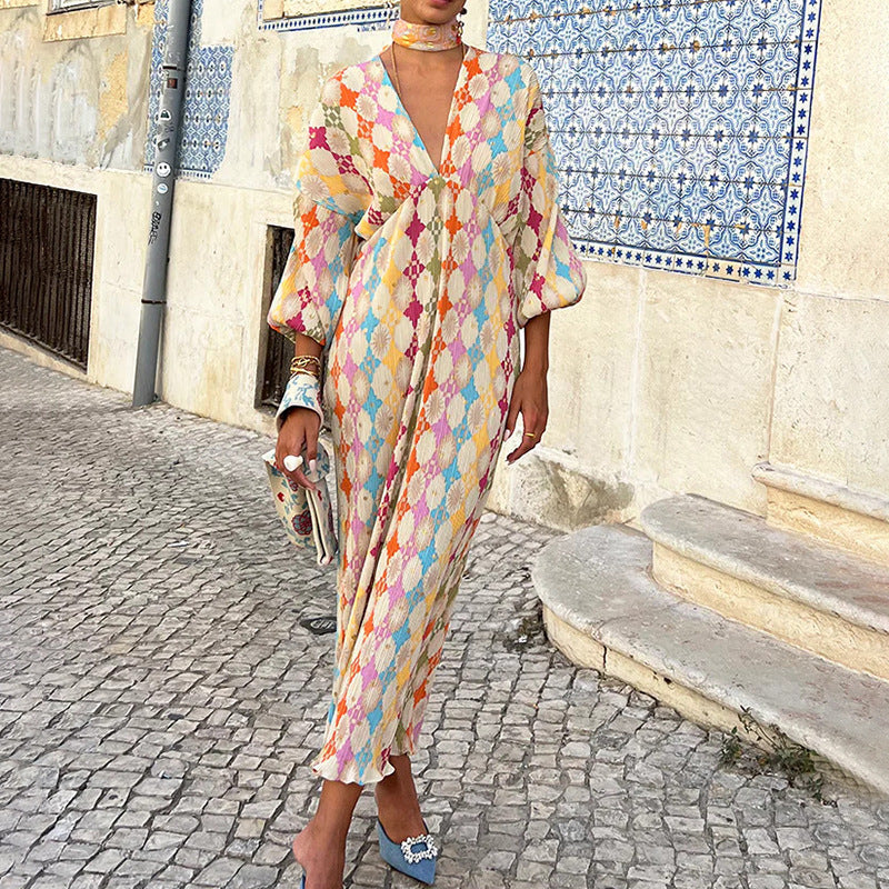 Women's Printed V-Neck Lantern Sleeve Dress
