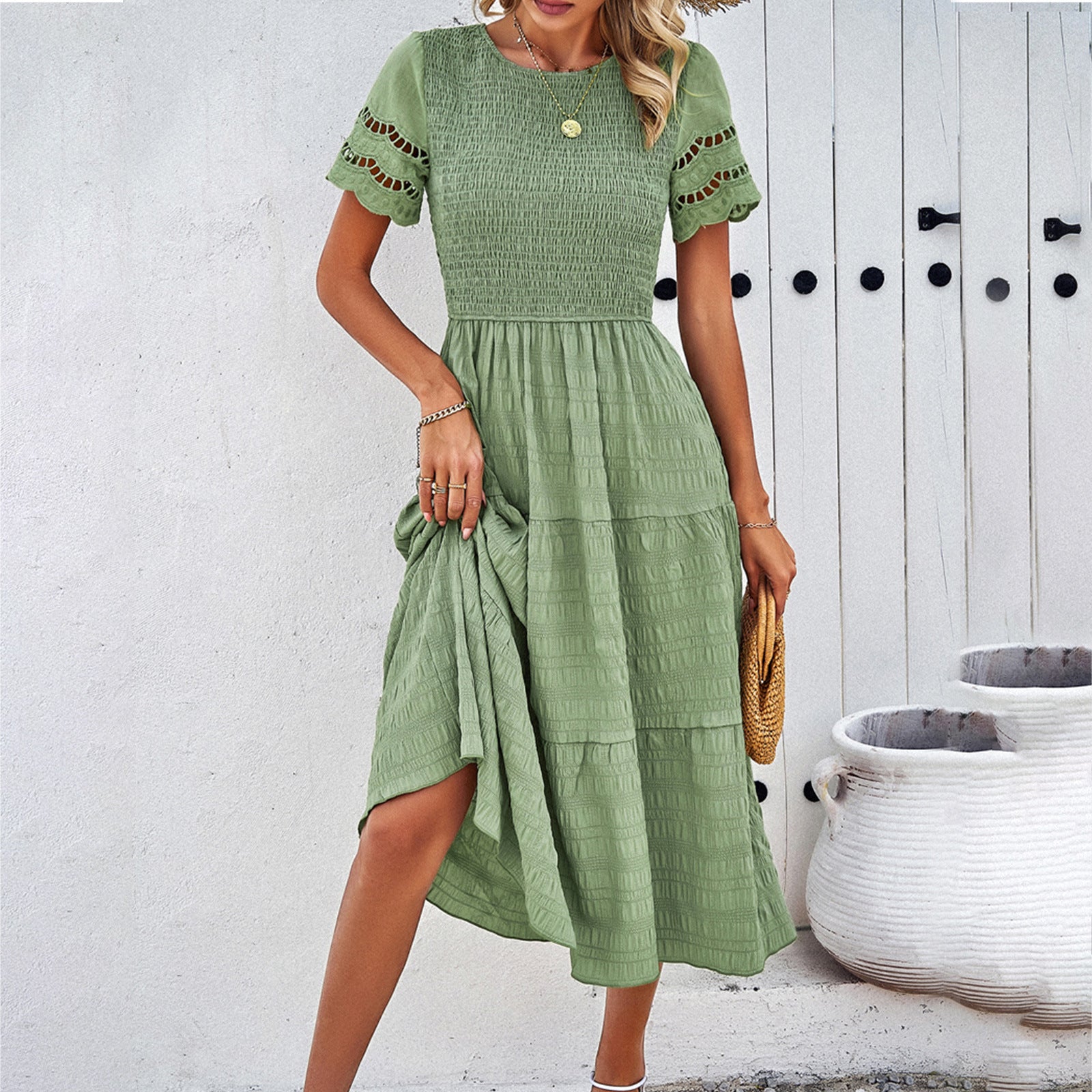 Solid Color Short-sleeved Cut-out Dress for Women