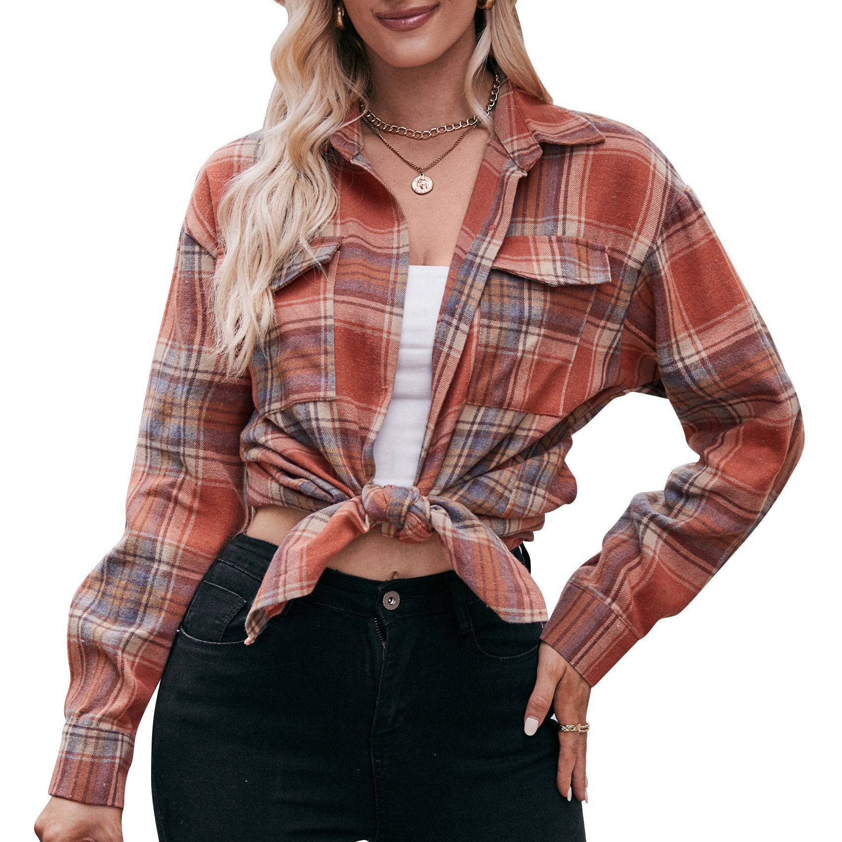 Women Oversize Loose Plaid Jacket with Pocket