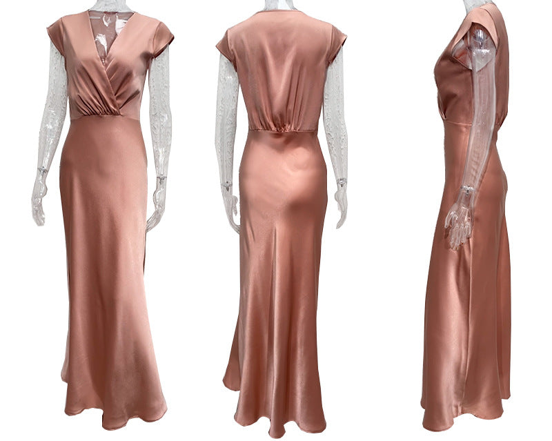 Women Satin Solid Color V-Neck Sexy Fishtail Dress Party Dress Long Dress