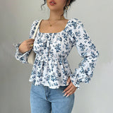 Women Square Collar Bubble Floral Long Sleeve Blouse