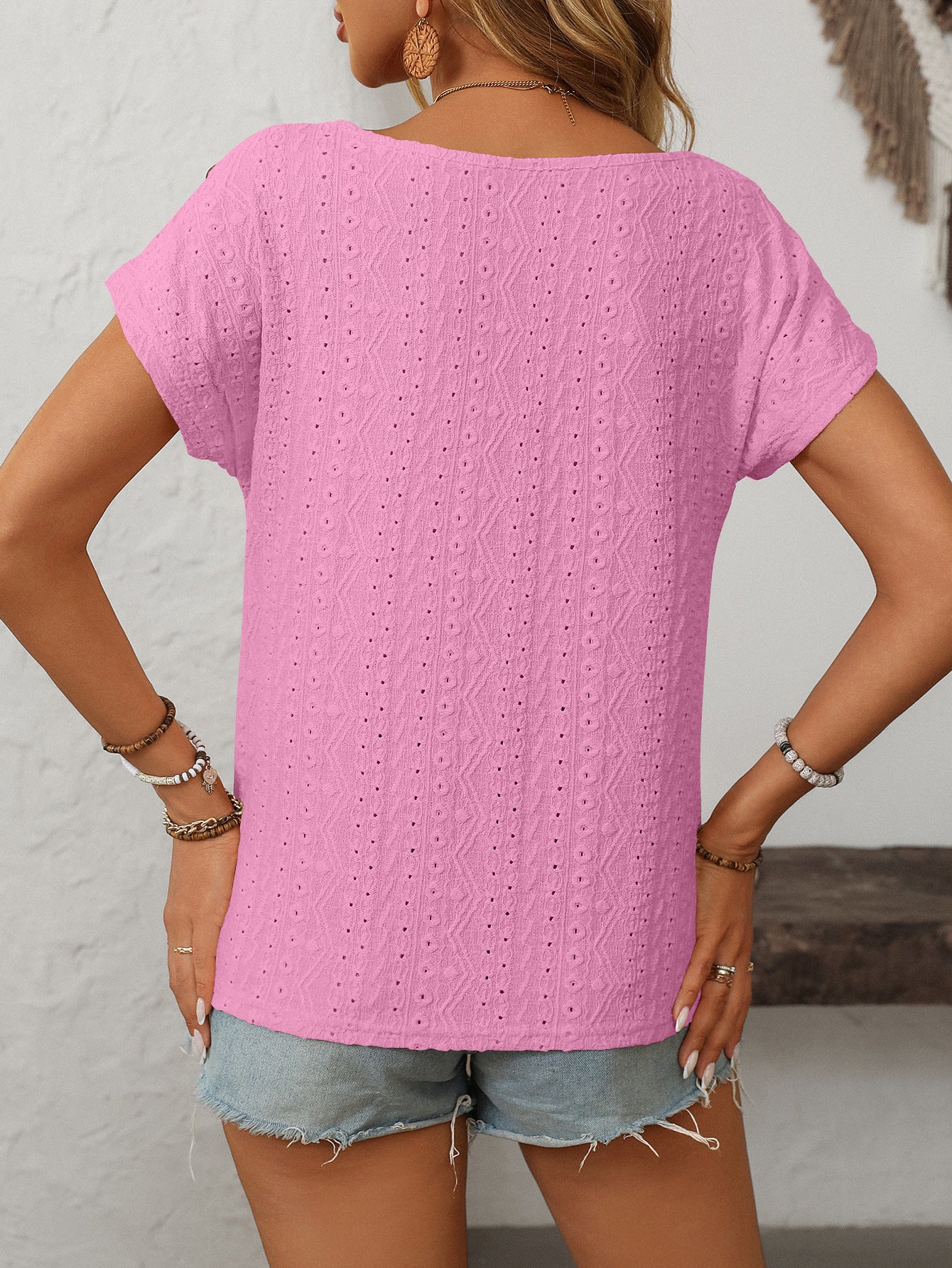 Women's Solid Color Crew Neck Button Short Sleeve T-Shirt Top