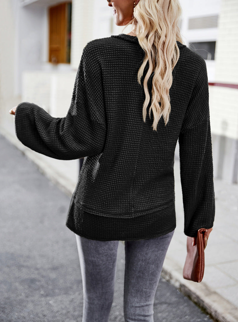 Women's Casual V Neck Ribbed Knitted Shirts Pullover Tunic Tops Loose Balloon Sleeve Solid Color Blouses Top
