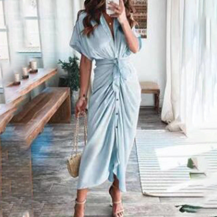 Elegant Short Sleeve Printed High Waist Dress Long Dress