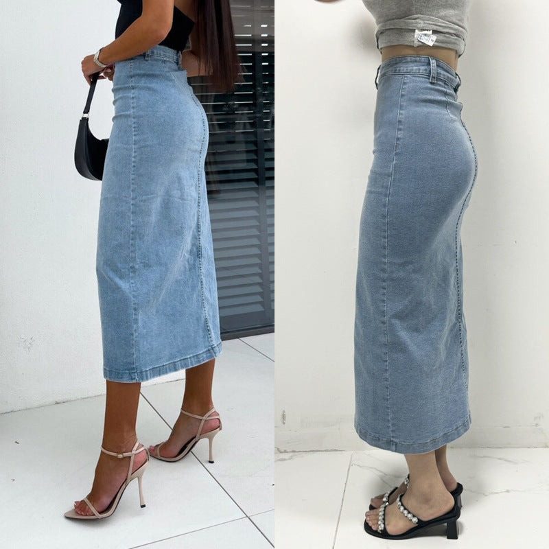 Women's Button Irregularly Split Denim Skirt