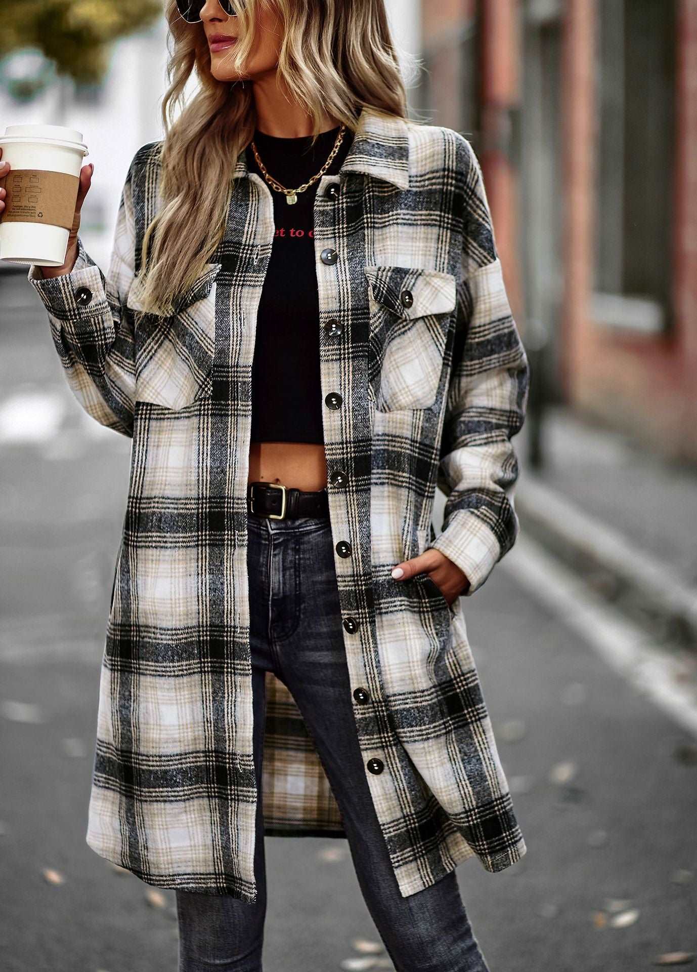 Women's Long Sleeve Button Down Jackets Plaid Flannel Shirts Tops Casual Lapel V Neck Oversized Shackets Blouses Top