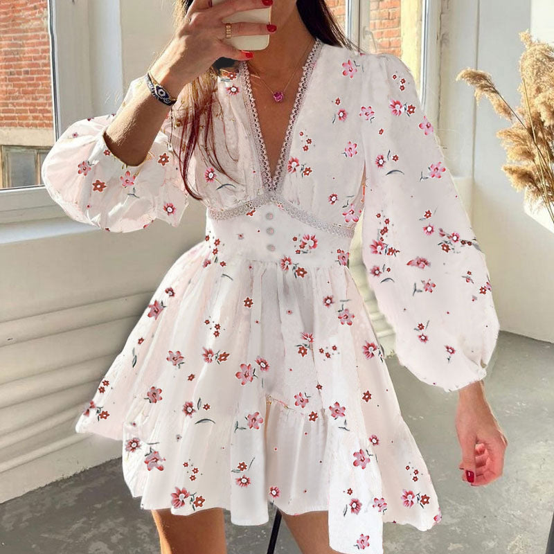 Women Elegant V-neck Floral Slim-fit Dress Short