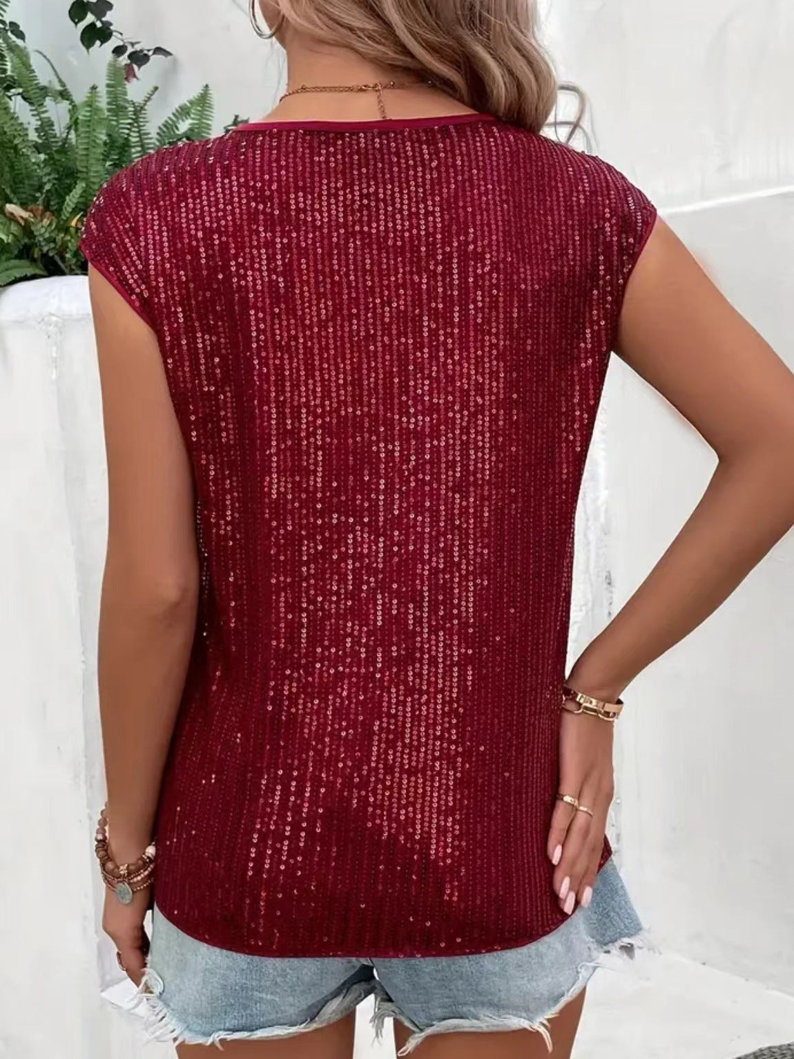 Casual Fashion Party Crew Neck Sleeveless Top Women's Sequins T-Shirt