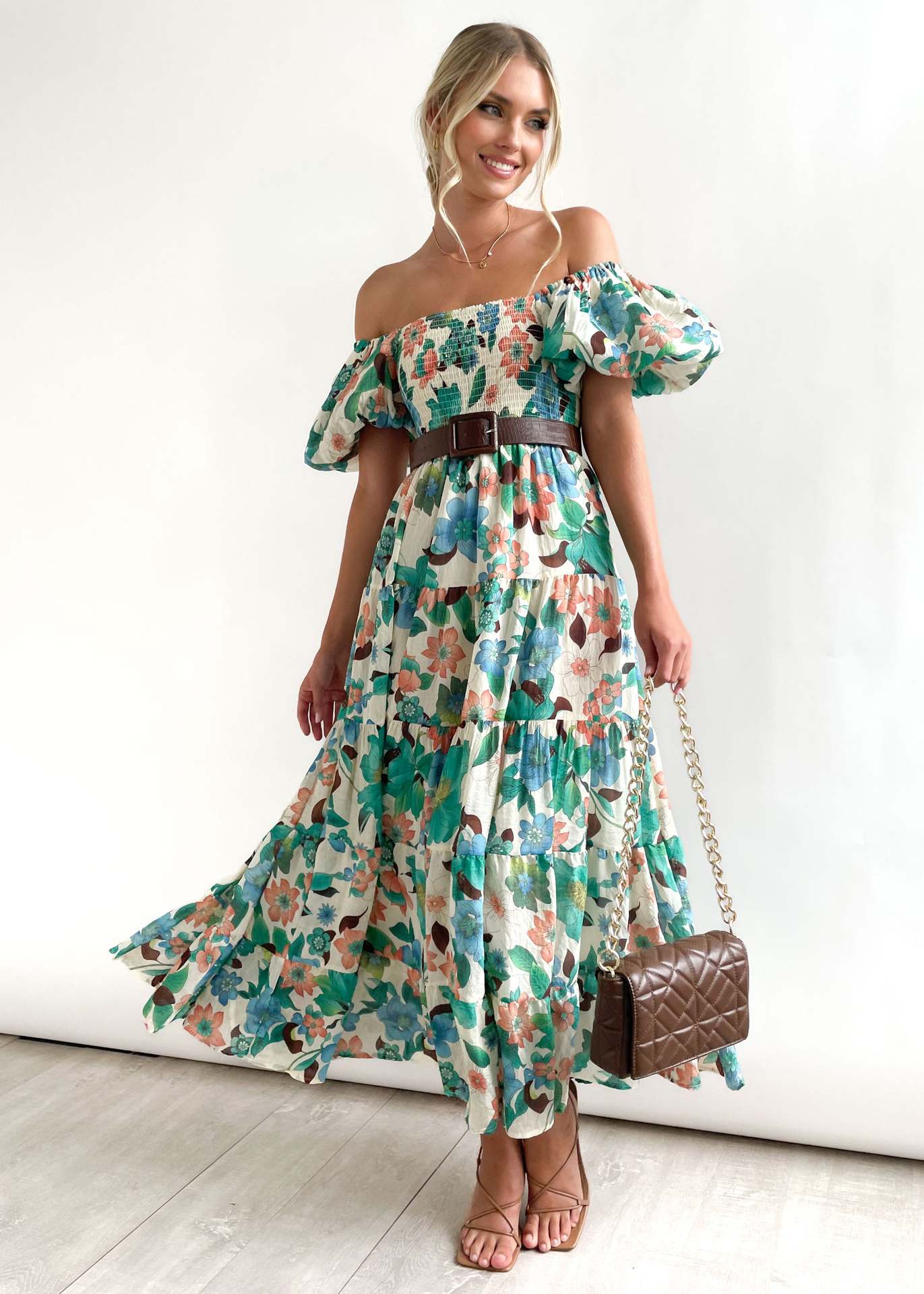 Women Bubble Sleeve Holiday Skinny Long Dress High Waist Shoulder Print Dress