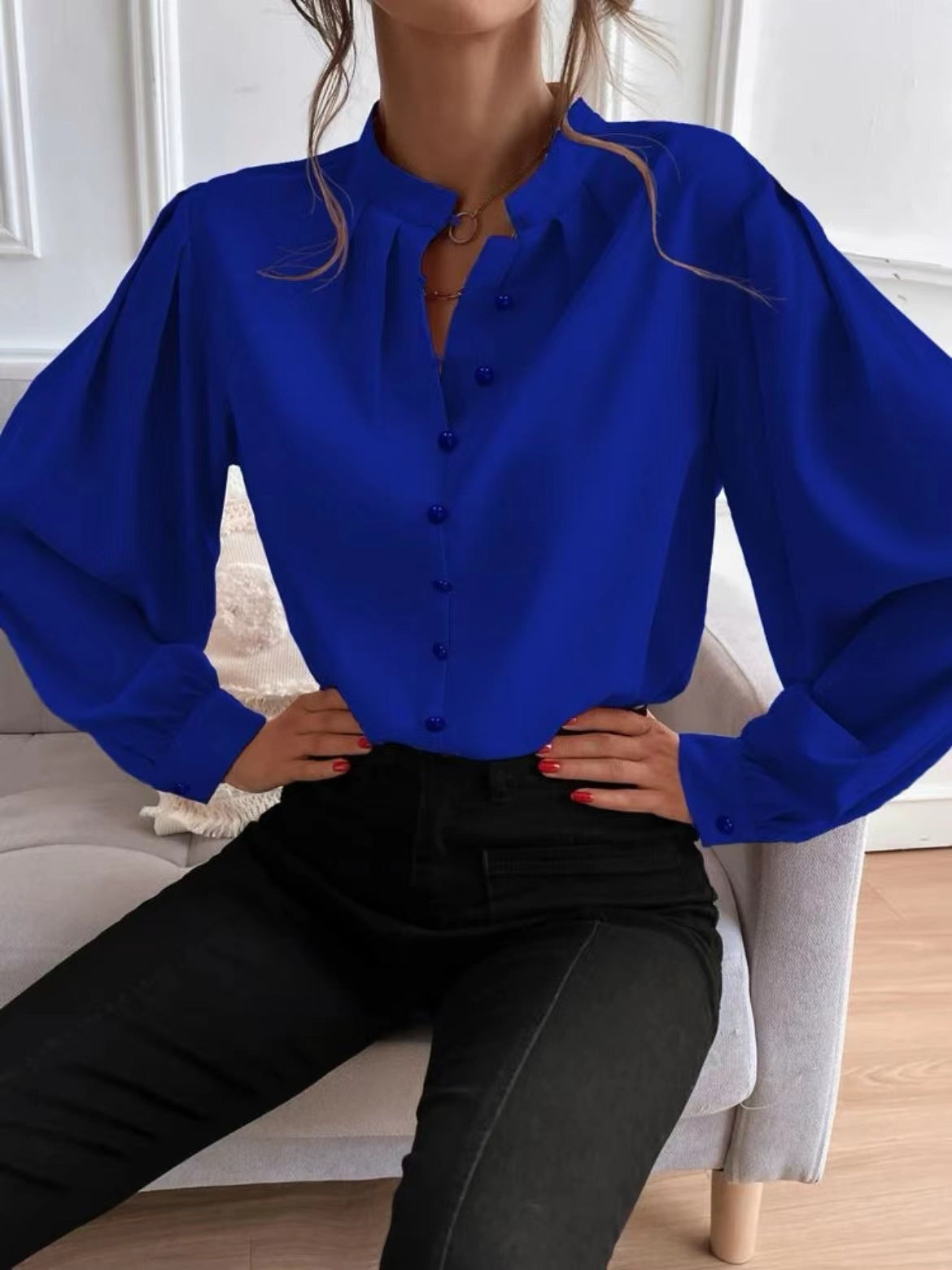 Solid color lapel long-sleeved button-up blouse shirt