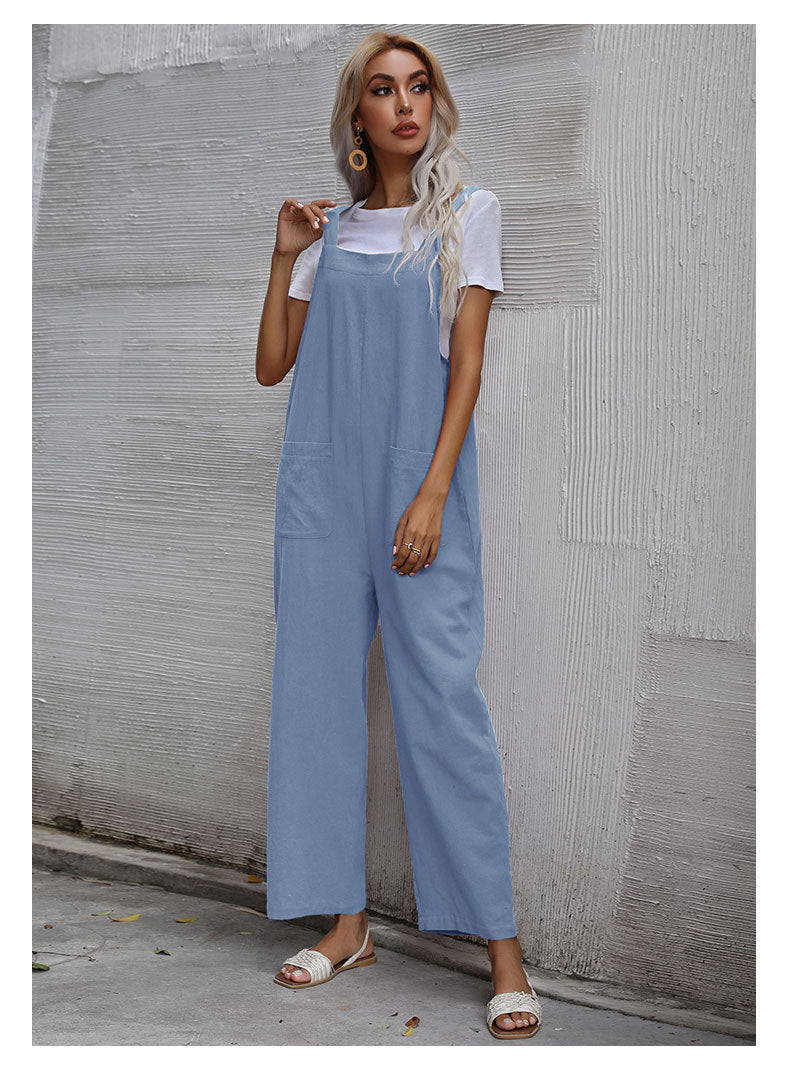 Casual Cotton and Linen Pocket Solid Color Sleeveless Jumpsuit