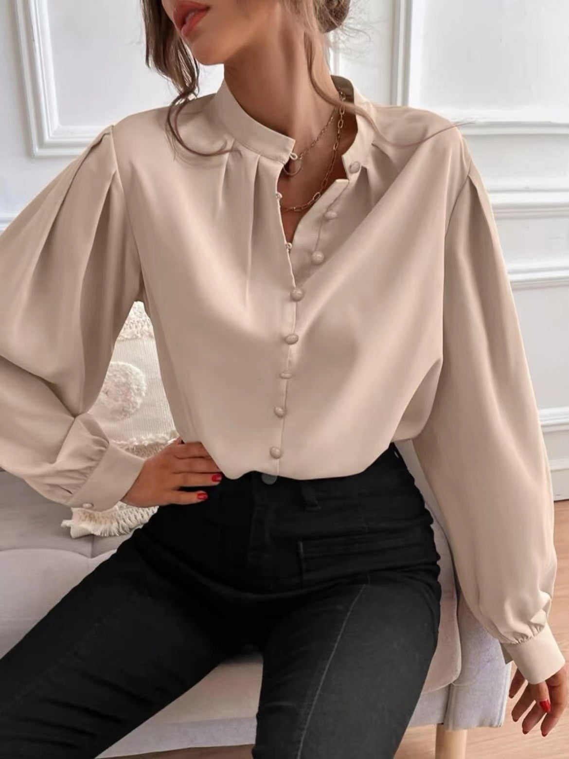 Solid color lapel long-sleeved button-up blouse shirt
