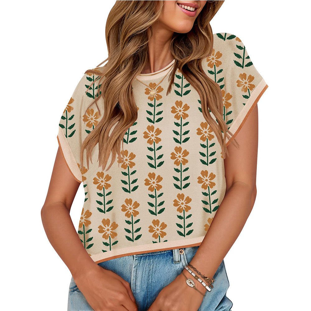 Short Sleeve Crew Neck Knitted Flower Sweater