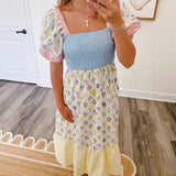 Women Square Neck Dress High Waist Long Dress