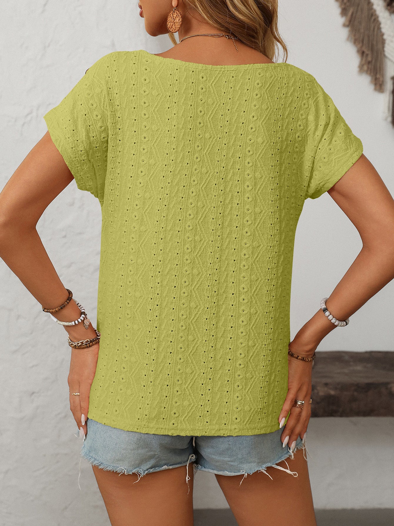 Women's Solid Color Crew Neck Button Short Sleeve T-Shirt Top