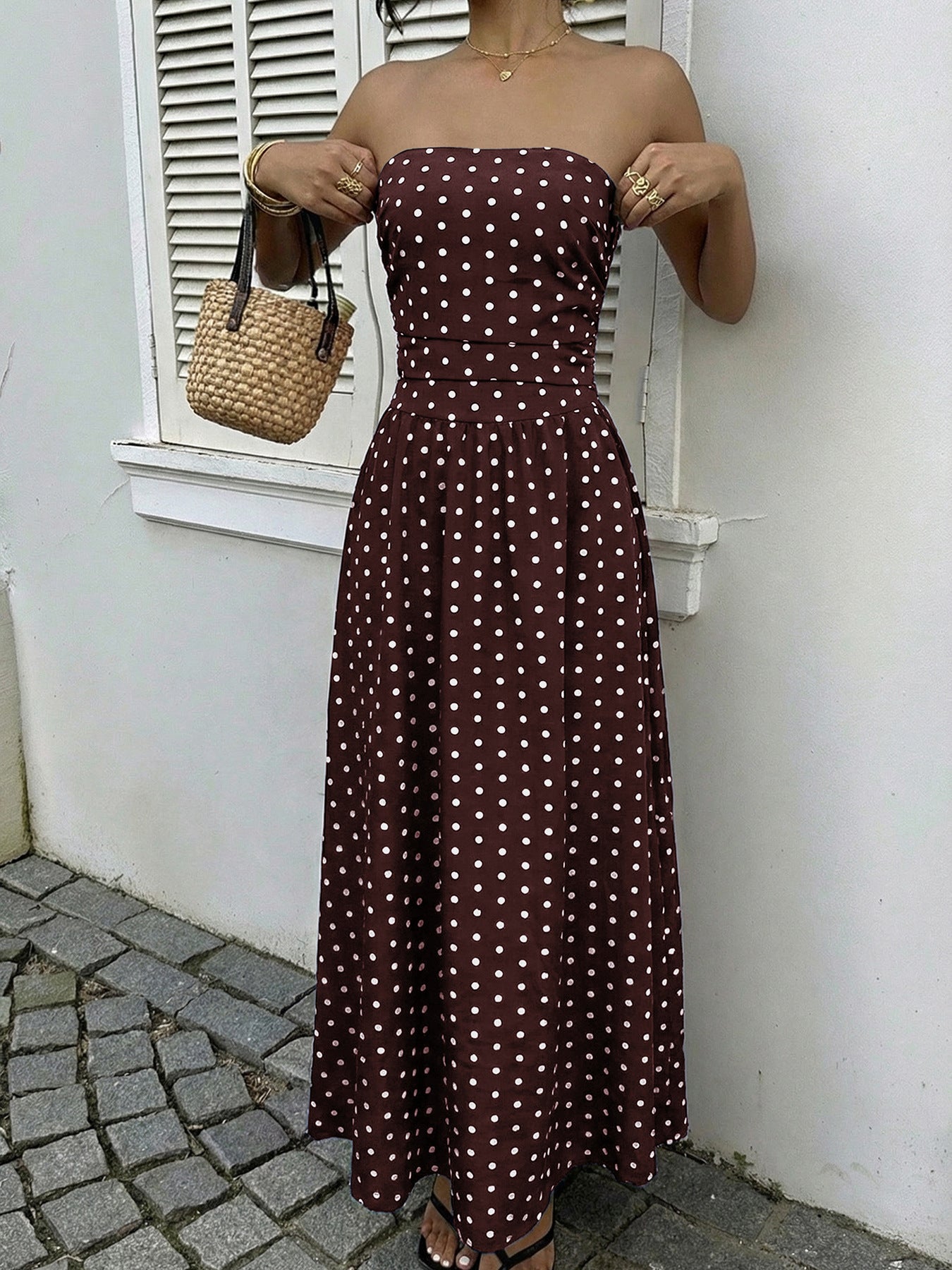 Retro Long Dress Sleeveless Tube Top Polka Dot Dress