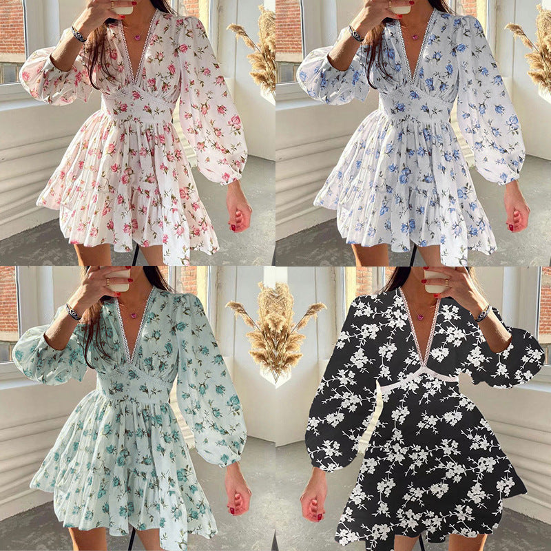 Women Elegant V-neck Floral Slim-fit Dress Short