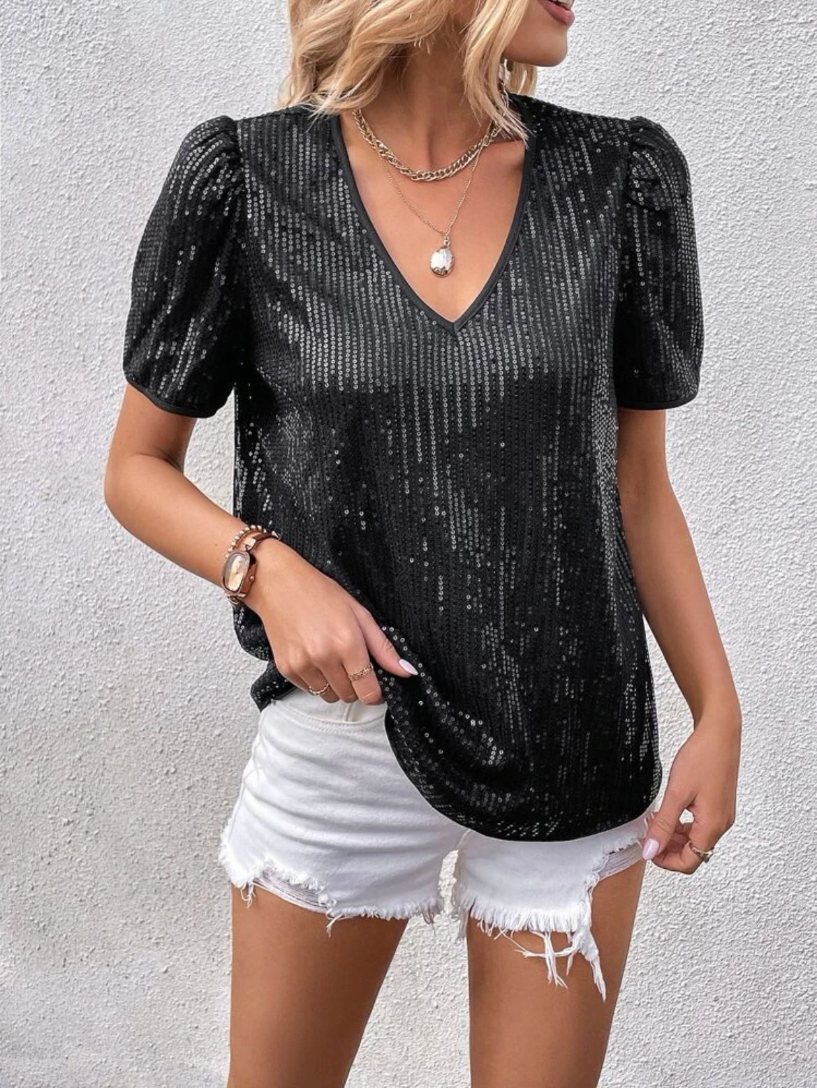 Sexy Solid Color Sequin V-neck Loose Short Sleeve Women's T-shirt
