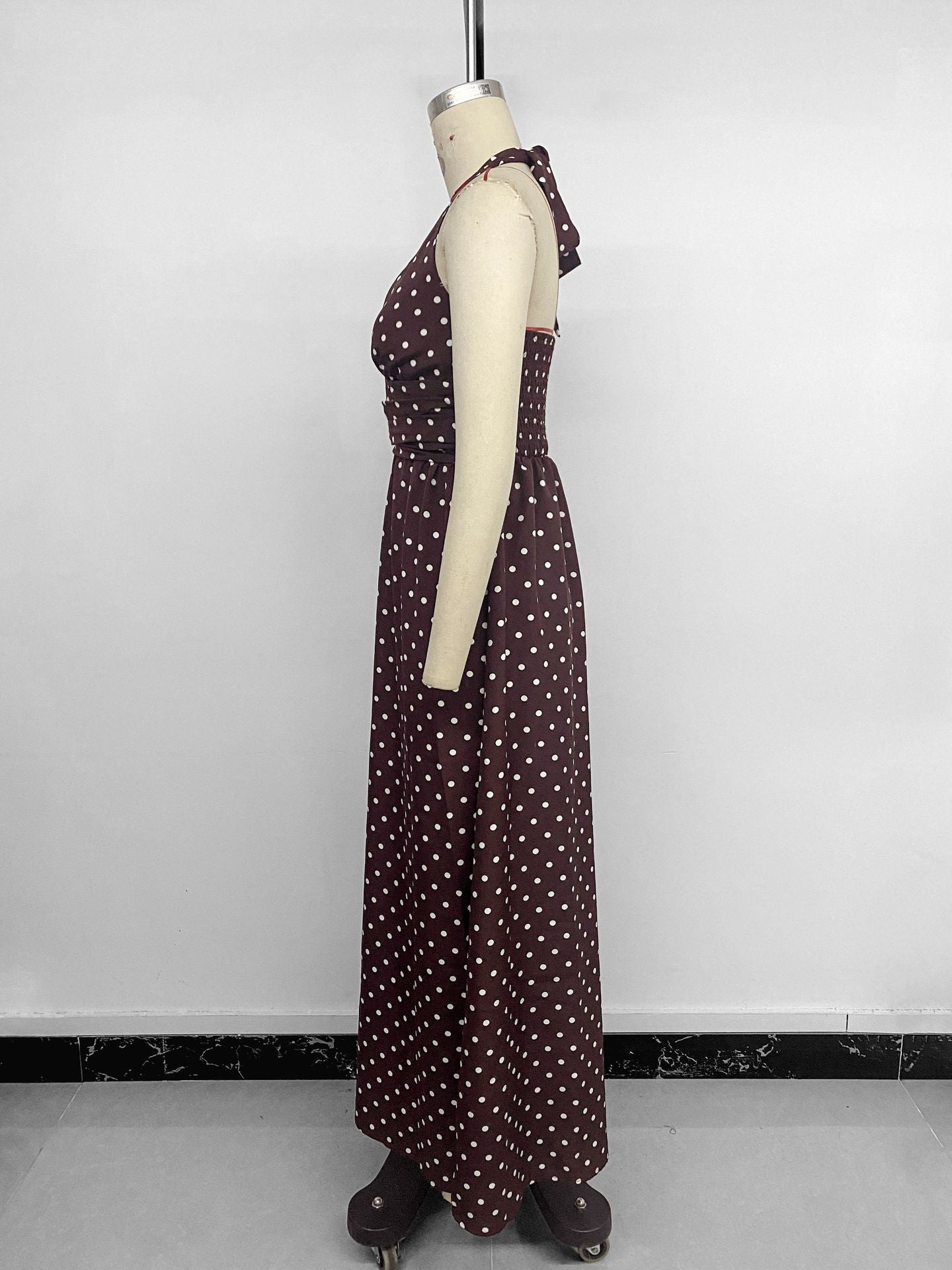 Vintage Neck Slim Fit Deep V-neck Suspender Polka Dot Dress