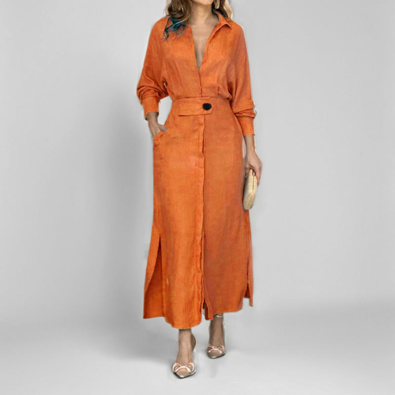 Elegant Solid Color Strap Waist Dress Long Dress