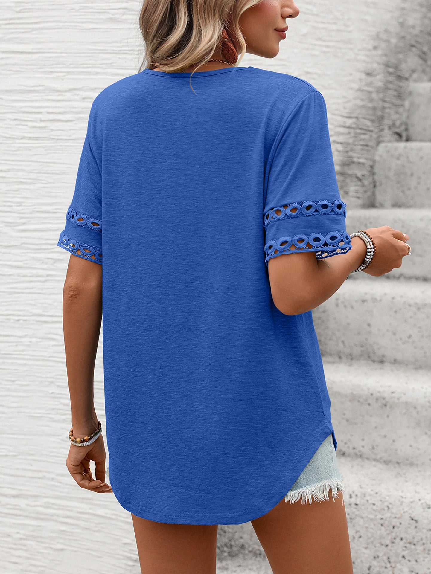 Women Solid Color V-Neck Lace Splicing Short Sleeve Loose T-Shirt Top