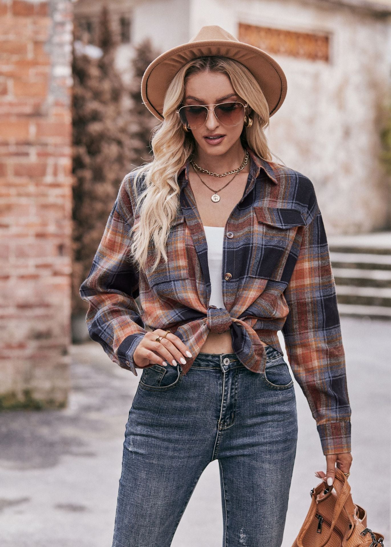 Women Oversize Loose Plaid Jacket with Pocket