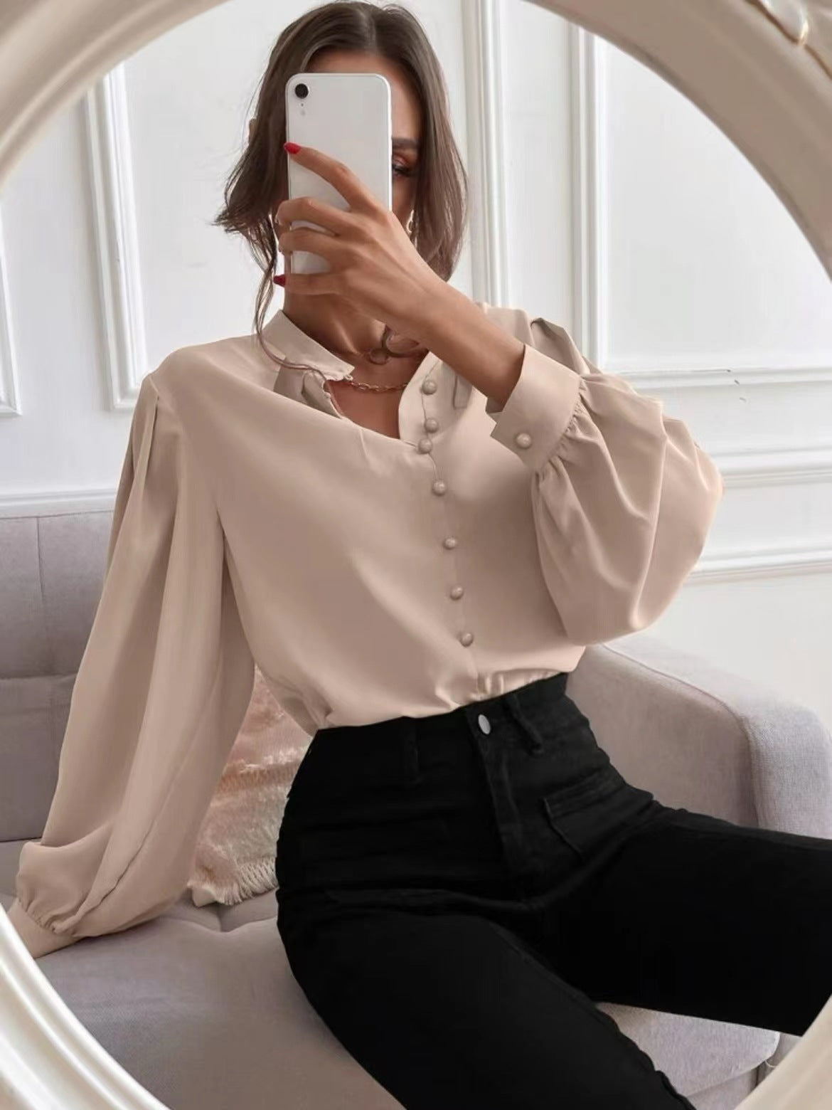 Solid color lapel long-sleeved button-up blouse shirt