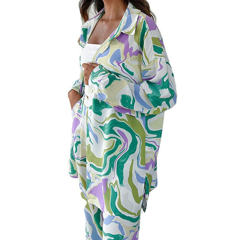 Fashion Loose Printed Wide Leg Pants Casual Suit