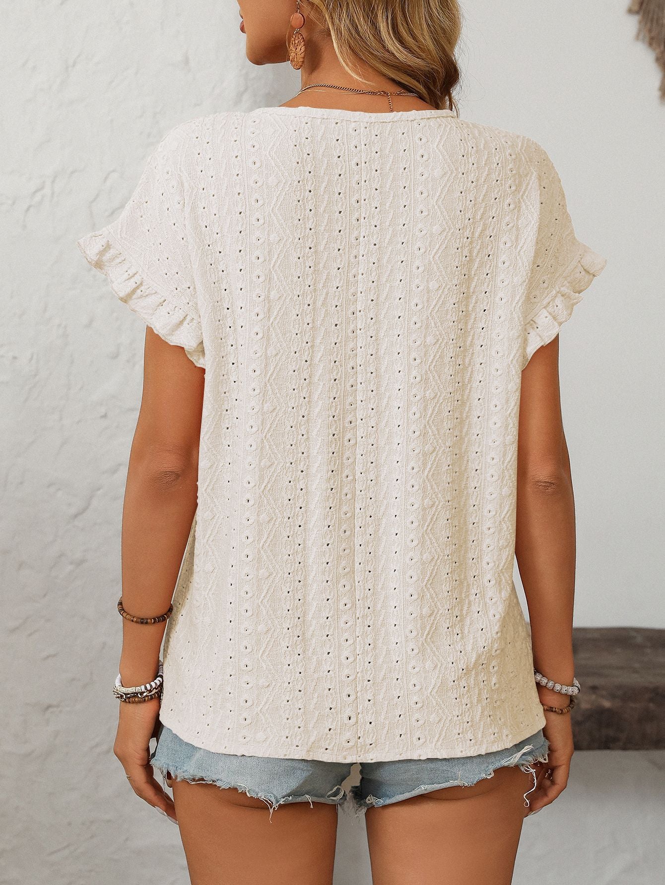 Solid Color Crew Neck Sweet Short-sleeved T-shirt Hollow Top