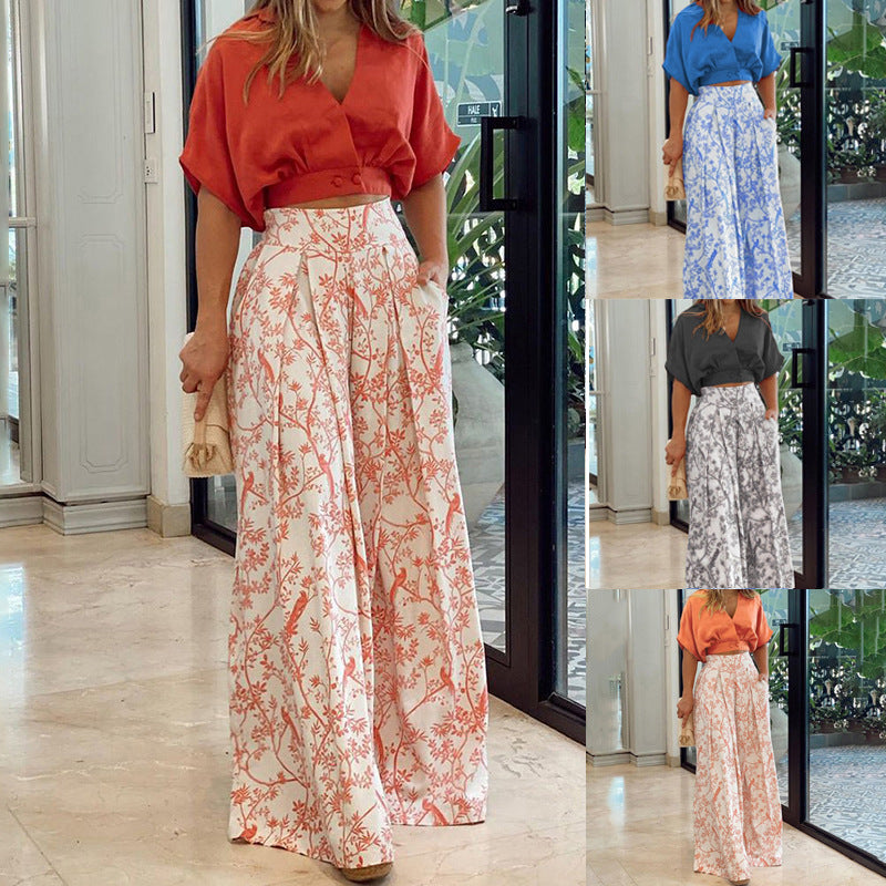 Women's Casual Style V-neck Printed Trousers Set