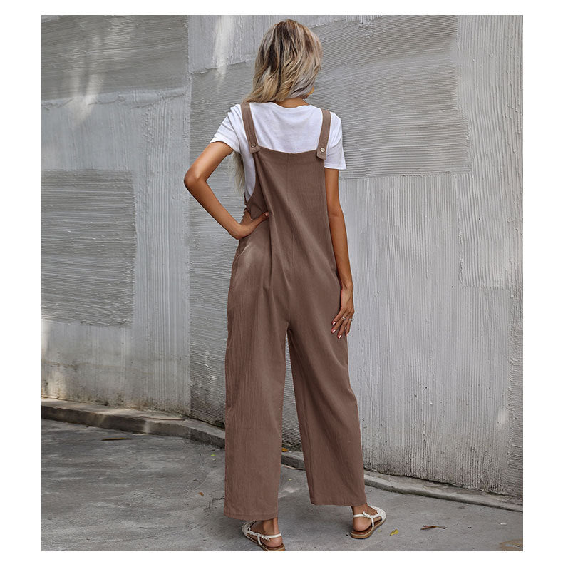 Casual Cotton and Linen Pocket Solid Color Sleeveless Jumpsuit
