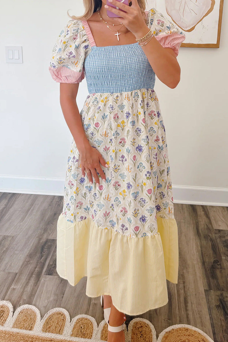 Women Square Neck Dress High Waist Long Dress