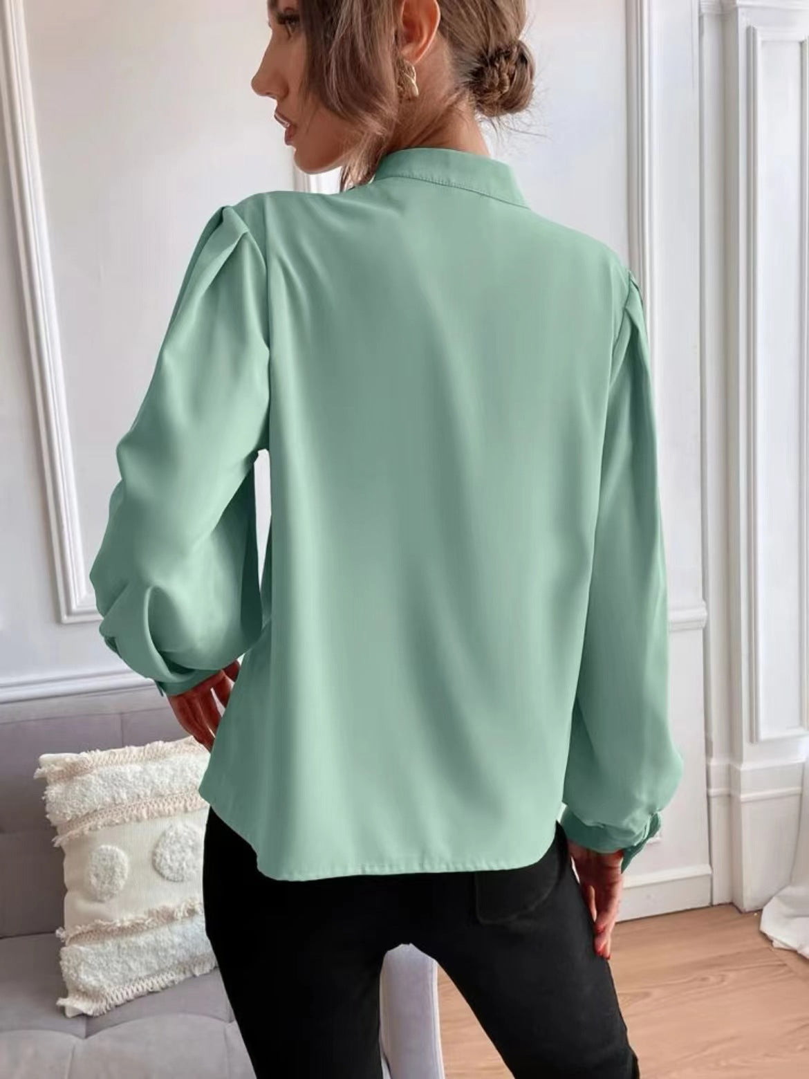 Solid color lapel long-sleeved button-up blouse shirt