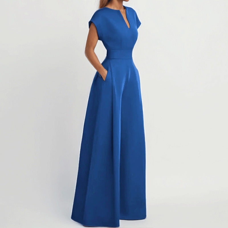 Women's Fashion V-neck Solid Color Slim-fit Wide-leg Jumpsuit