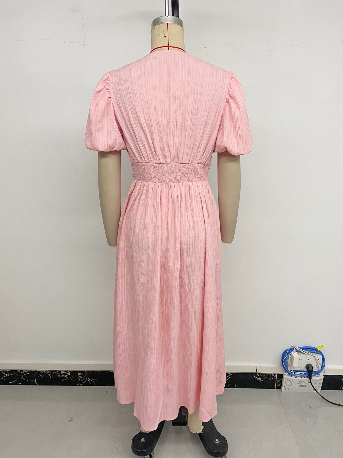 Women Mid-length Bubble Sleeve Pink Waist Dress