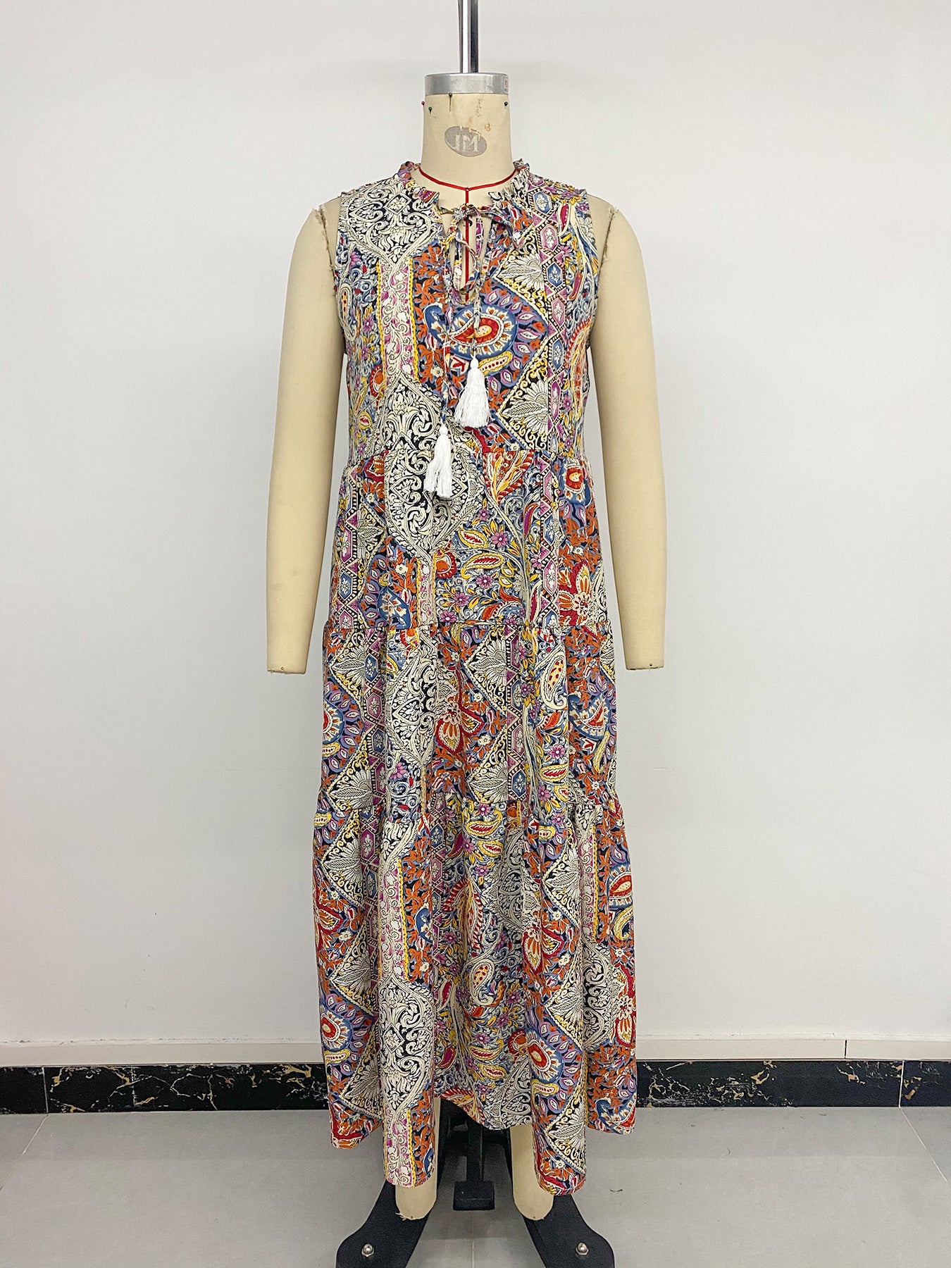 Vintage Fringed Sleeveless Print Dress