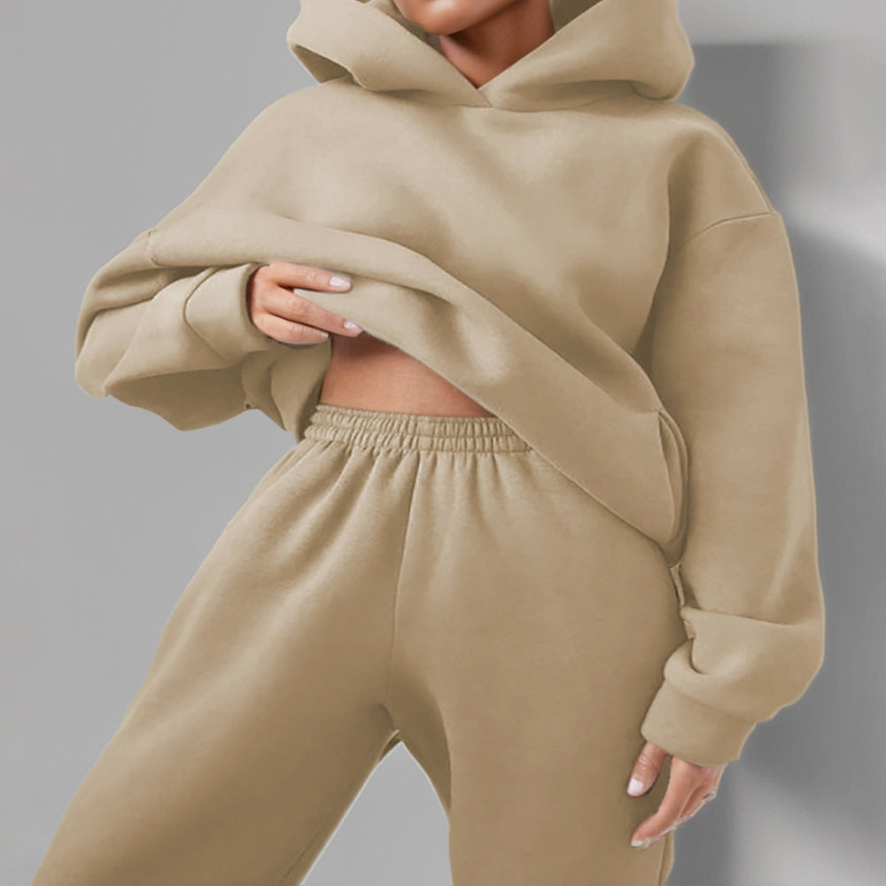 Women Fashion Casual Sports Solid Color Hooded Set