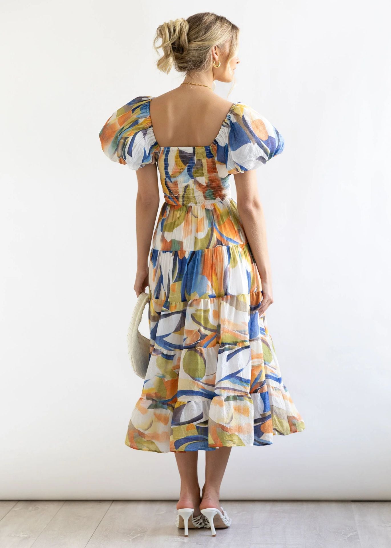 Women Bubble Sleeve Holiday Skinny Long Dress High Waist Shoulder Print Dress