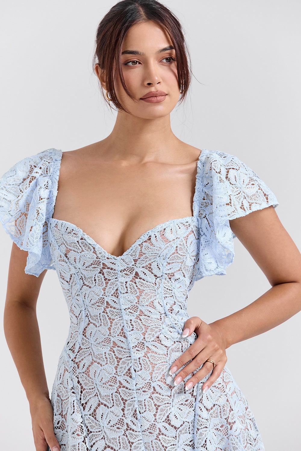 Women Lace High Waist Skinny V-Neck Sexy Short Sleeve Long Dress
