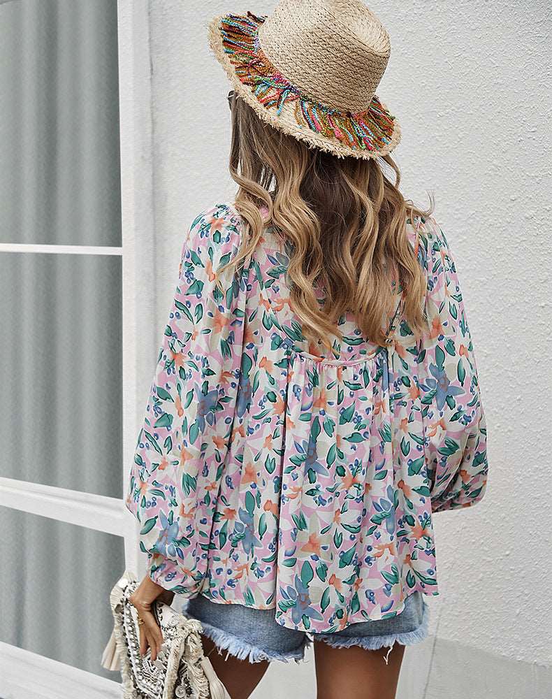 Womens Fall Fashion  Boho Tops Casual Frill Trim Mock Neck Shirts Puff Long Sleeve Blouse Floral Print Top