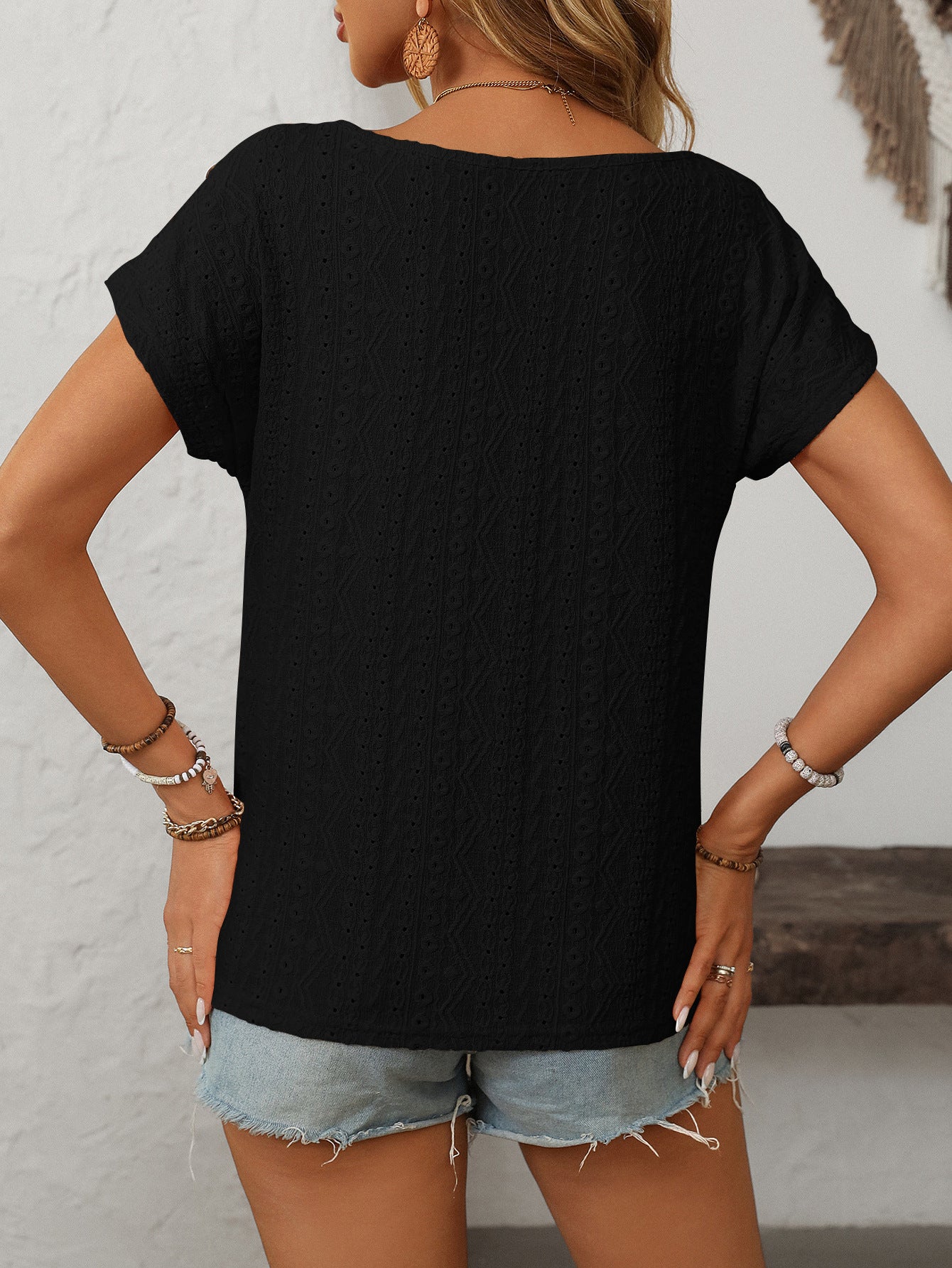Women's Solid Color Crew Neck Button Short Sleeve T-Shirt Top